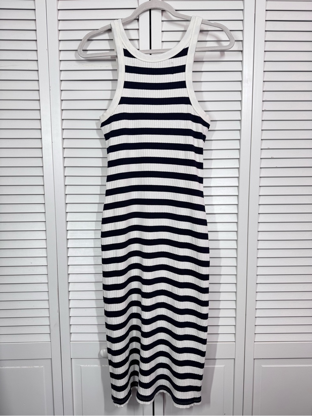 MOTHER The Chin Ups Midi Ribbed Tank Dress Stripes White Navy Bodycon Small - Picture 9 of 14